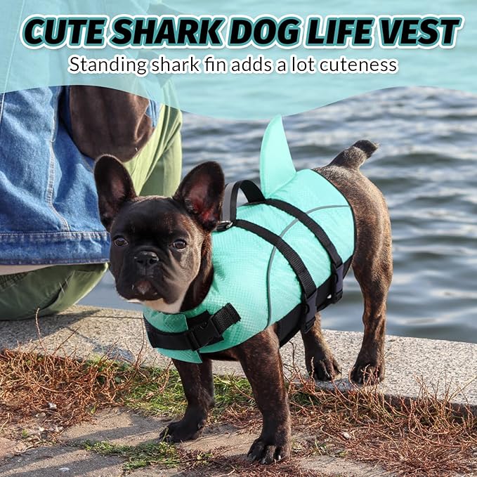 Queenmore Small Dog Shark Life Jacket - High Buoyancy Puppy Life Preserver for Swimming, Boating, Kayaking - Reflective Light Dog Lifesaver with Strong Rescue Handle (Light Blue, XS)