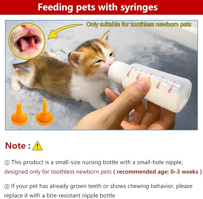 Pet Feeding Bottle and Syringe Set for Puppies and Kittens(2 Bottles,6 Syringes,10 Nipples,1 Storage Measuring Cup)
