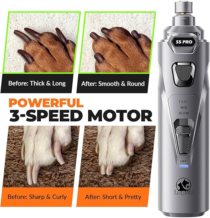 Whisper Quiet Dog Nail Grinder with LED Light, Safe & Stress-Free for Sensitive Dogs of All Breeds & Sizes, 3 Grinding Bits, 3-Speed, Pet Nail Trimmers, Rechargeable Painless Grooming Kit Grey