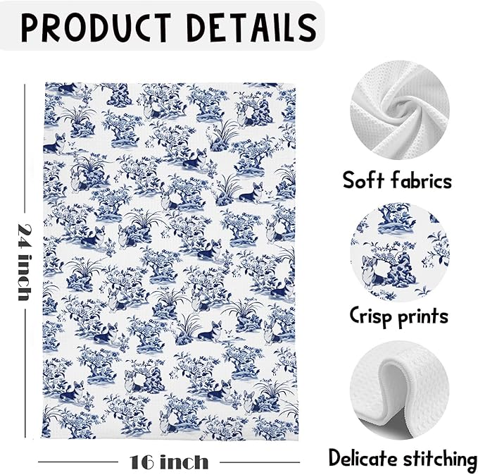 Chinoiserie Corgi Kitchen Towels,Corgi Gifts for Corgi Lovers Dish Tea Towels for Kitchen Decor,Corgi Decorative Hand Towels for Bathroom, 16x24 Inches