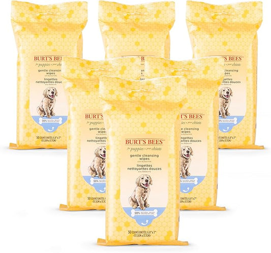 Burt's Bees for Pets Gentle Cleansing Puppy Wipes with Buttermilk, 98% Natural Origin Formulas, Hypoallergenic Dog Cleaning Wipes for Paws and Butt, 100 Count - 6 Pack