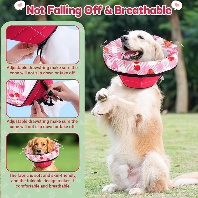 Dog Cone Soft Surgery Dog Cone Collar - Adjustable Long Foldable Comfortable for Recovery Alternative Prevent Biting Stop Licking Wound Small Medium Large Dogs (Strawberry Red, M)