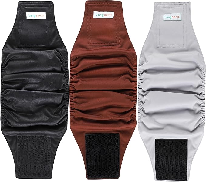 Langsprit Male Belly Bands for Dogs (Pack of 3) - High Absorbing Dog Wraps Male Washable - Reusable Dog Diapers (Black,Gray,Coffee, Large)