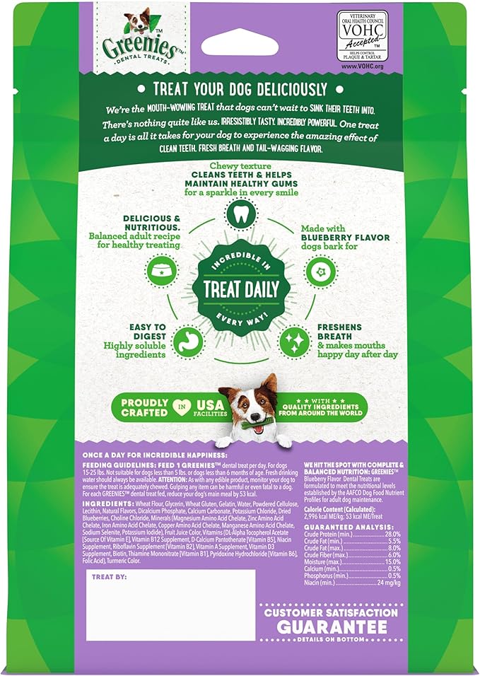 Greenies Veterinarian-Recommended Adult Natural Dental Dog Treats Petite Size, Blueberry Flavor, 12 oz. Pack, 20 Count