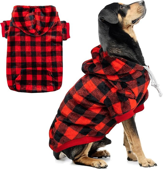 Dog Hoodie for Large Meidum Small Dogs, Winter Plaid Fleece Warm Hooded Dog Hoodies Christmas Pet Sweatshirt Clothes with Pockets for Cold Weather (S-XXL)
