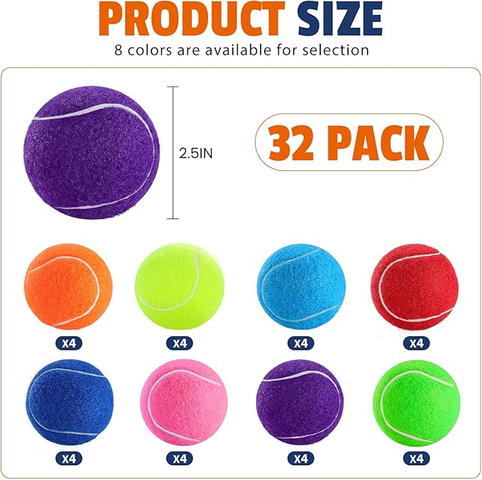 Tennis Balls for Dogs 32 Pack,2.5 inches,Durable and Non-Toxic Dog Toys Balls with Mesh Bag,Colorful Fetch Toys Balls for pet Dog (Non Squeaky)
