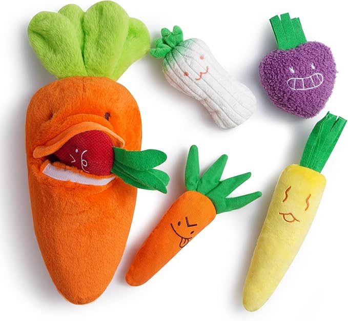 Nocciola Easter Squeaky Carrot Dog Toy Set– Hide and Seek 5 Small Carrots Inside a Large Plush Carrot with Squeaker & Crinkle Sounds for Small Medium Large Breeds, Spring Pet Gifts