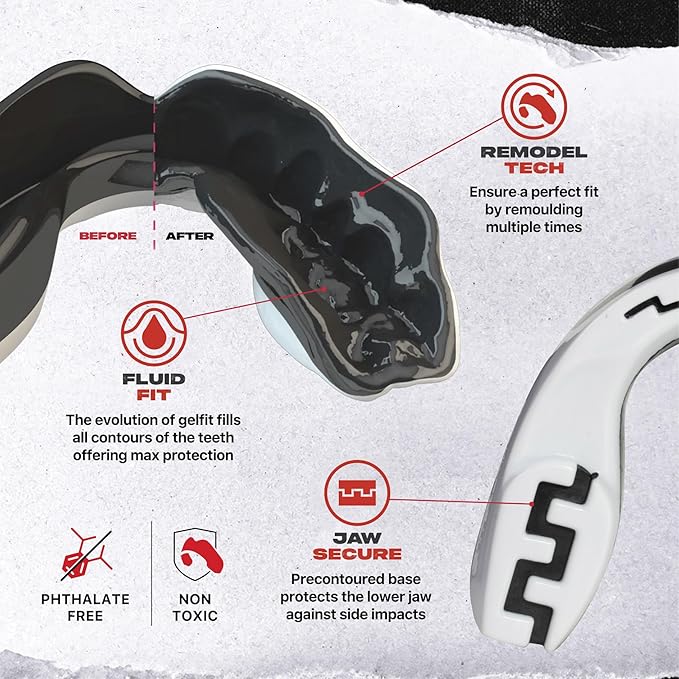 SAFEJAWZ Mouth Guard, Dual Layer Mouthguard for Youth with Case, Easy Fit Remoldable Mouthpiece for Football, Boxing, Lacrosse, MMA, Basketball & All Contact Sports (Kids <11 Years, Mo White)