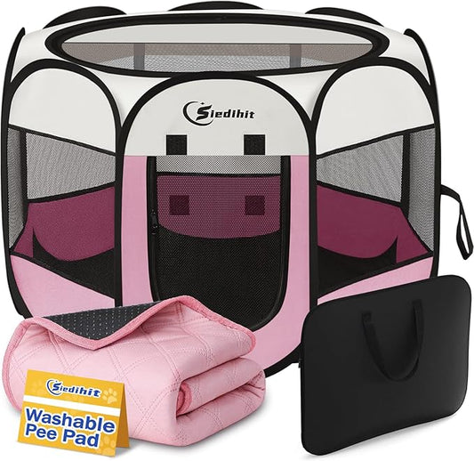 Dog Cat Playpen, Puppy Pet Playpen Indoor for Small Dog Crate Tent Cage Outdoor, Portable Pop Up Dogs Enclosure Kennel with Carrying Case for Dogs/Cats/Rabbits(Pink, Small with pad)