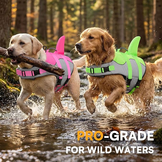 Queenmore Dog Life Jacket Ripstop Shark Dog Safety Vest Adjustable Preserver with High Buoyancy and Durable Rescue Handle for Small,Medium,Large Dogs, Green Shark X-Small