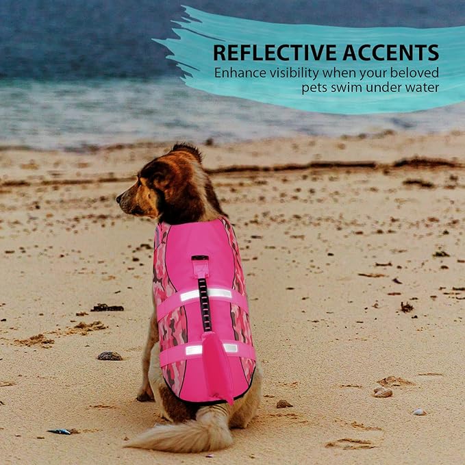 Queenmore Dog Life Jacket Ripstop Dog Shark Safety Vest Adjustable Preserver with High Buoyancy and Durable Rescue Handle for Small,Medium,Large Dogs, Pink Camouflage X-Large