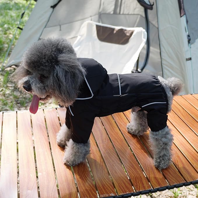 LOVELONGLONG Waterproof Dog Raincoat with Removable Hood – Outdoor Full Body Dog Jacket, Windproof Snowproof Shell Suit – All Season Pet Rain Gear Black S