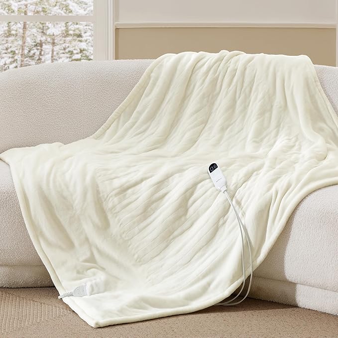 Bedsure Heated Blanket Throw Blanket - Fast Heating Electric Blanket, Soft Flannel Throw with 6 Time Settings(Up to 10H), 6 Heating Settings, Warm Gifts for Grandma Grandpa Seniors (50"x60", Ivory)