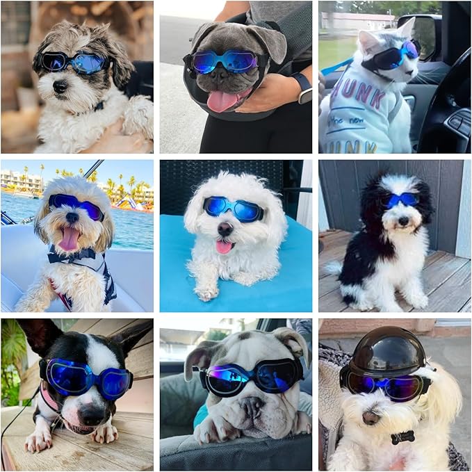 Enjoying Dog Sunglasses Small Breed, Dog Goggles UV Protection, Cycling Eye Protection for Small Dogs, Lightweight Windproof Dustproof Anti-Fog, Adjustable Straps, Bright Blue