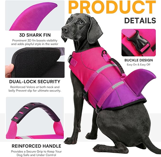 Queenmore Dog Life Jacket High Flotation, Reflective Dog Life Vest for Swimming, Adjustable Dogs Life Preserver Rescue Handle Spring Summer Pool for Small, Medium, Large Dogs (Pink Purple,S)