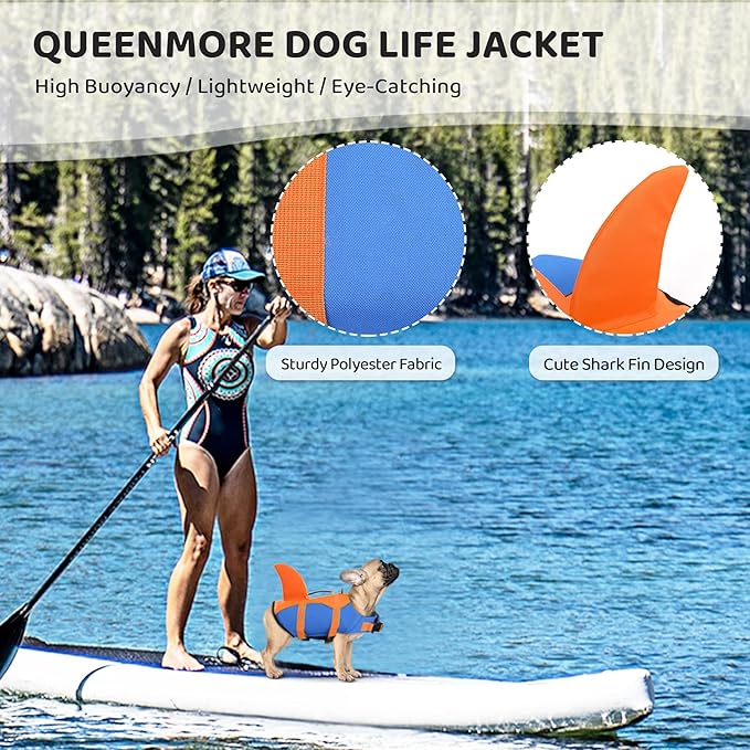 Queenmore Dog Life Jacket, Adjustable Dog Life Vest, Pet Lifesaver for Swimming, Shark Life Jacket with Rescue Handle, Rip-Stop Safety Vest for Small Medium Large Dogs