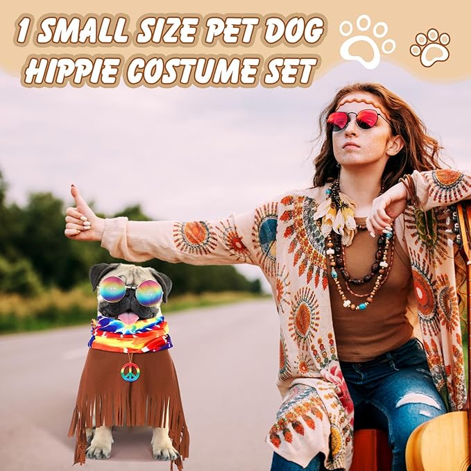 4 Pcs Hippie Dog Costume Pet Dog Hippie Costume Set Includes Sunglasses Scarf Cloak Necklace(Tie Dye,Small)