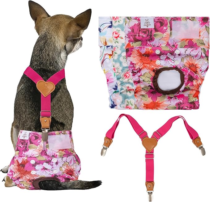 CuteBone Dog Diapers Female 3 Pack Reusable Doggy Diapers with One Suspender for Small Medium Large Dog Period BDD02L