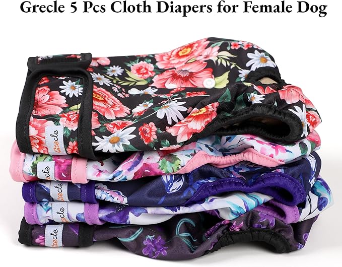 Dog Diapers Female - Reusable Diapers for Doggie in Heat - Highly Absorbent Female Dog Diapers for Pet Incontinence(Pack of 5), Flowers,S
