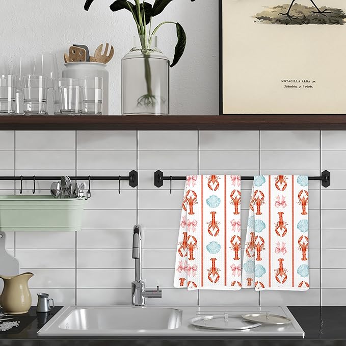 Coquette Lobster Seashell Coastal Kitchen Towels, Coastal Beach Dish Tea Towels for Kitchen Decor, Preppy Beach Hand Towels, Seafood Boil Party Supplies, 16x24 Inch Set of 2