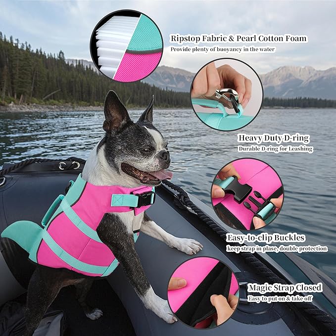 Dogcheer Dog Life Jacket Shark, Ripstop Dog Life Vest for Swimming Boating with Reflective Stripes & Rescue Handle, High Buoyancy Pet Swim Vest for Small Medium Large Dogs - Pink & Green, XS
