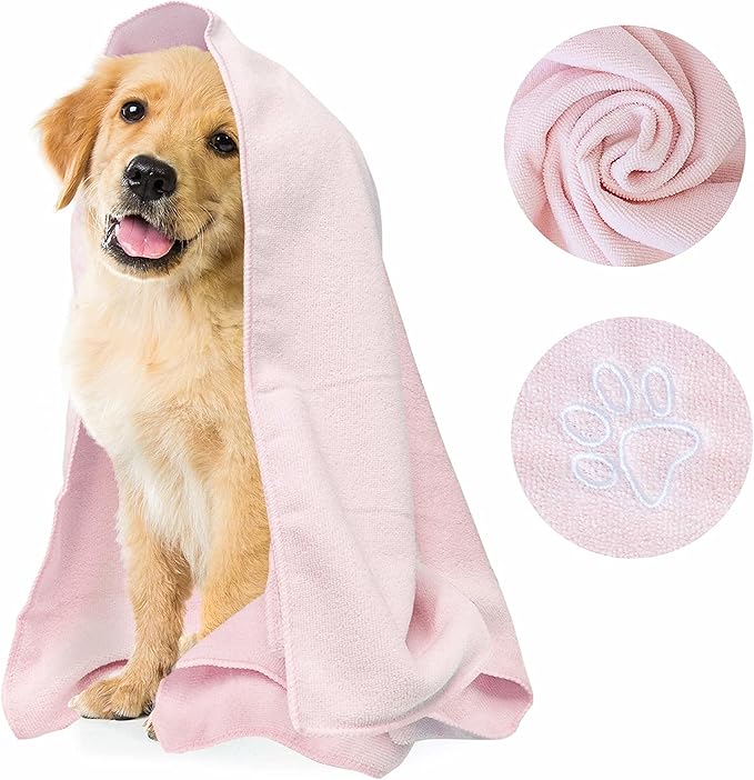My Doggy Place - Super Absorbent Microfiber Towel - Dog Bathing Supplies - Microfiber Drying Towel - Washer Safe - Pink with Paw Print - 45 x 28 in - 1 Piece