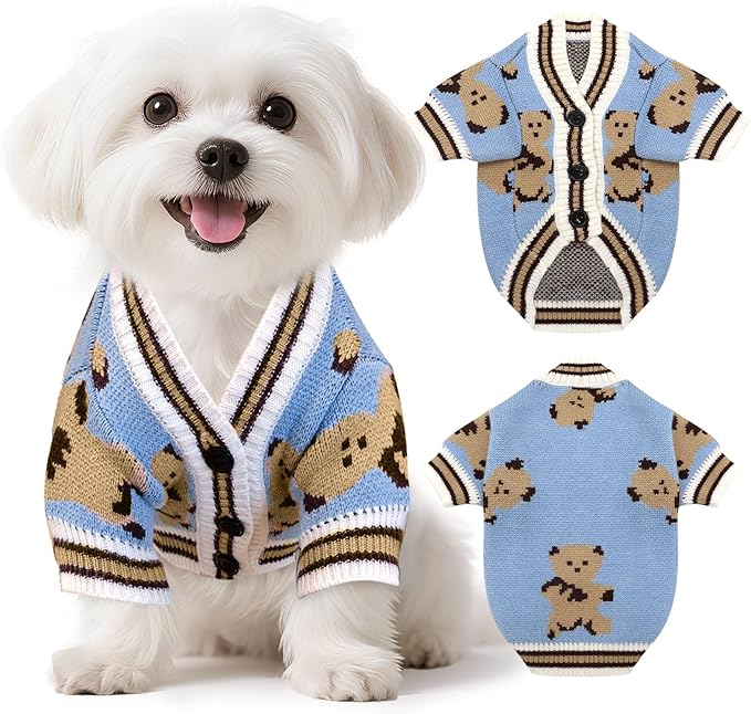 Small Dog Sweaters Cute Bear Knitted Dog Cardigans Clothes for Small Medium Dogs Soft Pet Puppy Cat Knitting Outfits Fall Winter Warm Boy Girl Dogs Knitwear Coat Apparel（Blue,Small）