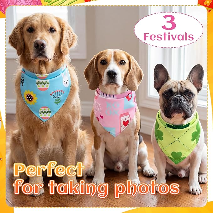 100 Pcs Easter Seasonal Dog Bandanas Easter Valentines Day St. Patrick's Day Theme Pet Bandanas Bulk Holiday Triangle Pet Bibs Scarf for Medium Large Dog Spring Festival Costume Decor