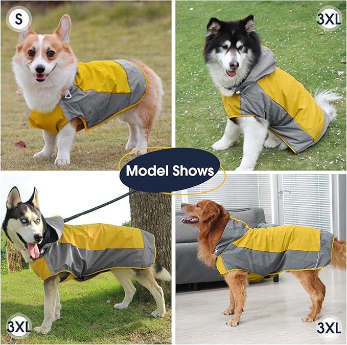 IECOii Dog Raincoats for Large Dogs,Waterproof Large Doggy Rain Jacket with Hood,Reflective Breathable Pet Rain Coat with Hood,Ideal for Adventures, Walking, Hunting in Dark,Yellow,XL