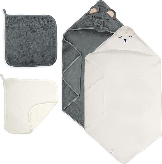 HBHLFZ 4-Pack Baby Bath Towels,Set of 2 Hooded Baby Bath Towels and 2 Baby Face Towels, Super Soft,Highly Absorbent,31.5x31.5inch,Suitable for Newborns,Toddlers and Children,Unisex（Elephant, Bear