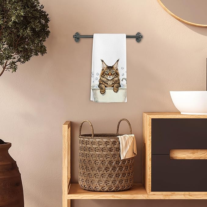 Funny Maine Coon Gifts Hand Towels, Cats Bathroom Decor, Maine Coon Cat Dish Tea Towels, Cats Lovers Gifts Hand Towel for Restroom Kitchen Washroom Decor, 16x24 Inch