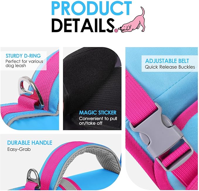 AOFITEE Dog Life Jacket, Dog Life Vest for Swimming, High Flotation Large Dogs Swim Vest with Rescue Handle, Reflective Dogs Lifesaver Swimsuit for Boating Summer Pool Beach, Blue with Pink XL