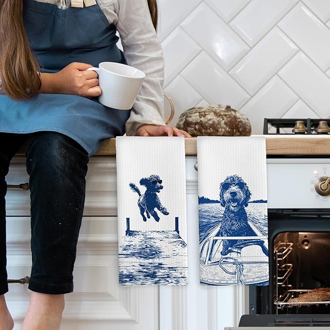 Lake House Decor Portuguese Water Kitchen Towels Set of 2, Summer Funny Lake Dog Coastal Bathroom Hand Towel, Dog Lover Gifts Tea Towel Dish Towels 16x24 Inch
