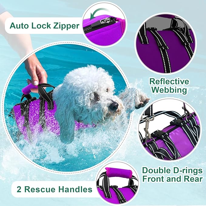 Fragralley Dog Life Jacket with Self-Locking Zipper, High-Buoyancy Ripstop Dog Swimming Vest, Floating Vest with Rescue Handle for Swimming and Boating, PFD Available for Small, Medium, and Large Dogs