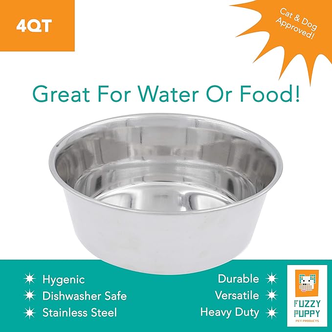Food & Water Bowl for Cats & Dogs, Heavy-Duty Stainless Steel, Silver, 4 Quart (HD-4Q)