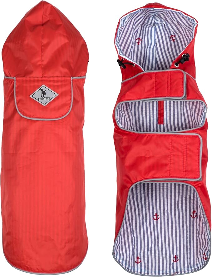 THE WORTHY DOG Seattle Slicker Dog Rain Jacket – Lightweight Water-Resistant Coat with Reflective Trim, Adjustable Fit, Hood Drawcord & Covered Harness Hole - Red, X-Small