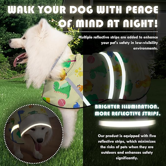 Dog Raincoat, Adjustable Rain Jacket with Hooded Double Layer for Large Medium Small Dogs Puppies, Lightweight Waterproof Rain Coat Poncho with Reflective Stripe Dinosaurs Yellow,S
