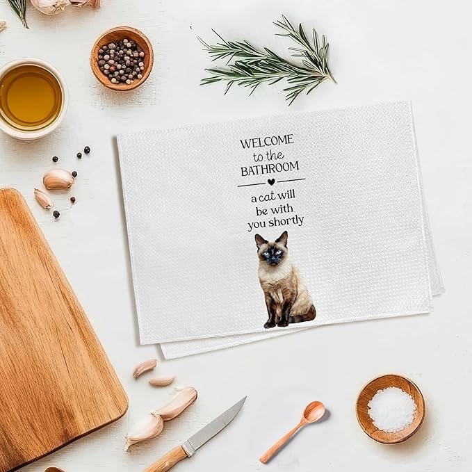 Funny Siamese Cat Hand Towels, Siamese Cats Gifts for Cats Lovers Women Hand Towel, A Cat Will Be with You Shortly Decorative Towel for Bathroom Toilet, Cute Kitty Bathroom Decor, 16x24in