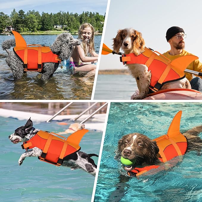 Dogcheer Dog Life Jacket, Cute Shark Dog Life Vest for Swimming Boating with Superior Buoyancy & Rescue Handle, Adjustable Puppy Floating Swim Vest for Small Medium Large Dogs - Orange, S
