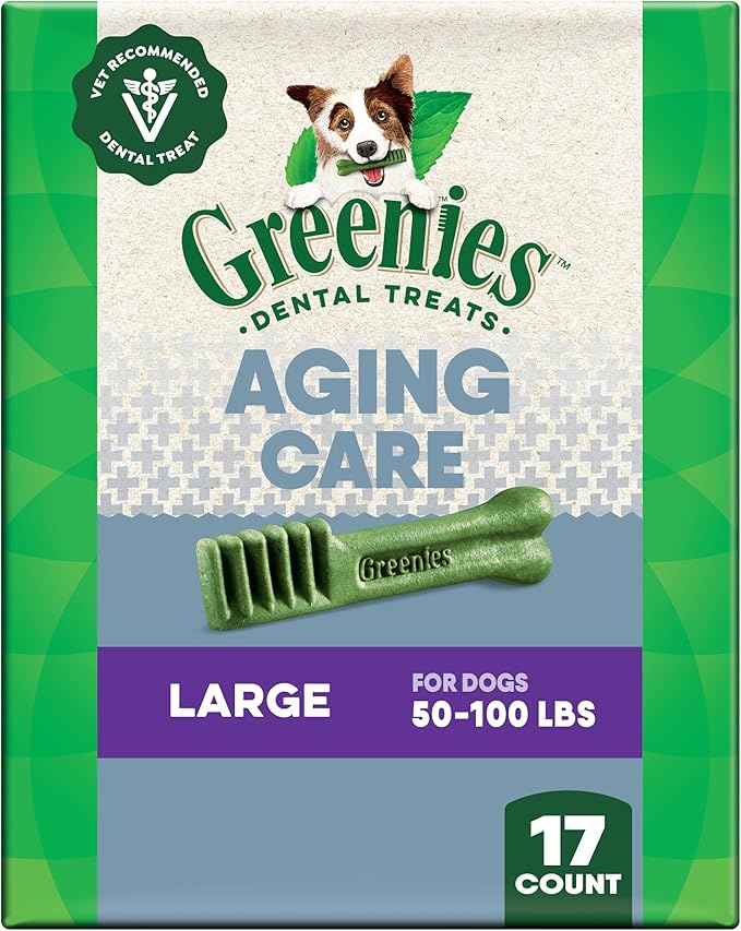 Greenies Dental Treats for Dogs, Veterinarian-Recommended Aging Care Adult Natural Dental Dog Treats, Large Size, 27 oz. Pack, 17 Count