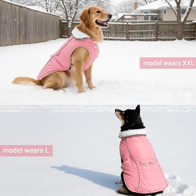 Dog Winter Coat - Warm Dog Clothes for Rain Snow Wind Cold Weather - Reflective Pink Adjustable Waterproof Windproof Pet Vest Jacket with Leash Hole for Small Medium Large Dogs Indoor Outdoor