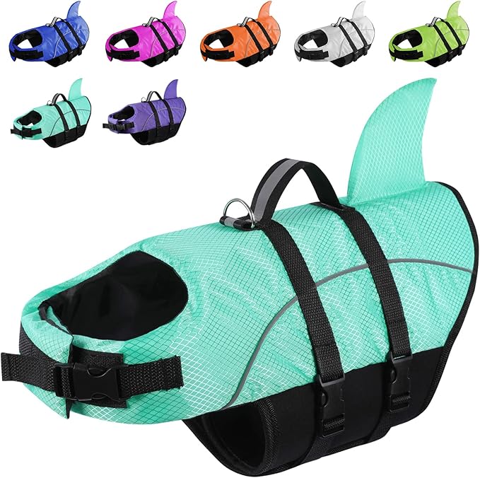 Queenmore Small Dog Shark Life Jacket - High Buoyancy Puppy Life Preserver for Swimming, Boating, Kayaking - Reflective Light Dog Lifesaver with Strong Rescue Handle (Light Blue, XS)