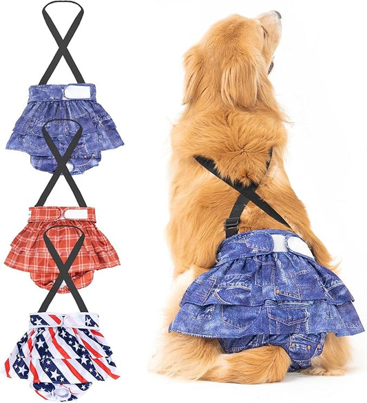 3 Pack Avont Washable Female Dog Diaper with Suspender, Reusable Girl Doggie Diapers for Small Medium Large Doggy in Heat Cycle Period Incontinence -XL