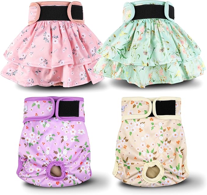Washable Female Dog Diapers Skirt(4 Pack) - Reusable Doggie Diapers with Adjustable Snaps, High Absorbency Leak-Proof Puppy Diapers for Female Dog in Heat, Period, Incontinence XL