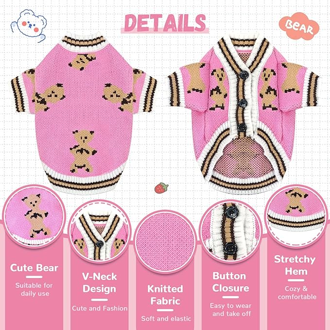 Small Dog Sweaters Cute Bear Dog Cardigans Clothes for Small Medium Dogs Boy Girl Puppy Cat Knitting Cardigan Outfits Dogs Winter Coats Warm Pet Doggy Clothes Soft Knitwear (Pink, X-Large)