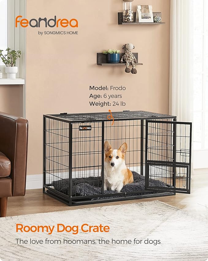 Feandrea 36.4 Inch Heavy Duty Dog Crate, Metal Escape Proof Kennel with Double Doors and Convenient Feeding Door, Removable Tray, Easy to Clean, L Pet Crate for Medium and Small Dogs, Black