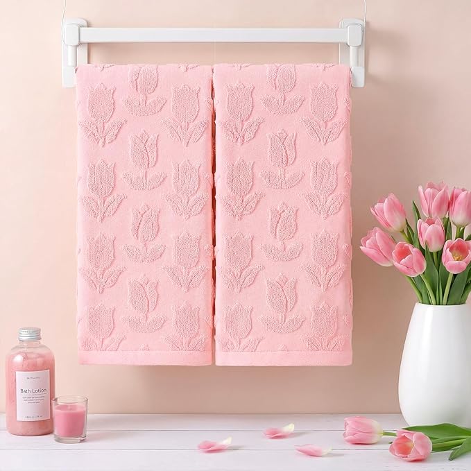 2pcs Pink Tulip Hand Towels for Bathroom Pink Spring Cotton Jacquard Kitchen Bath Hand Towels Set Decorative Weave Floral 3D Kitchen Dish Towel Soft Absorbent Bathroom Towel Home Decor Gift