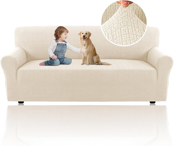 H.VERSAILTEX Jacquard Couch Covers for 3 Cushion Couch 1 Piece Stretch Sofa Covers Furniture Protector Anti-Slip Soft Thickened Dogs Slipcovers Washable Crizzle Pattern(Sofa, Ivory)
