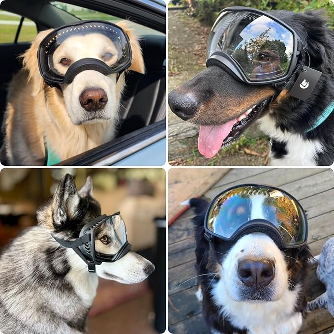 PETLESO Clear Dog Goggles for Large Dogs, Anti-UV Pet Sunglasses for Medium to Large Breed, Dog Eye Protection for Driving Riding Hiking, Wide View &Soft Frame, Adjustable, Clear Lens