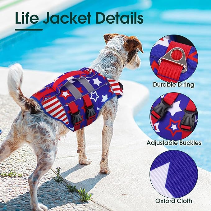 Kuoser Dog Life Jacket Large, High Flotation Dog Life Vest for Swimming Boating, Reflective Dog Swimming Vest Pet Life Preserver with Rescue Handle, Flag L